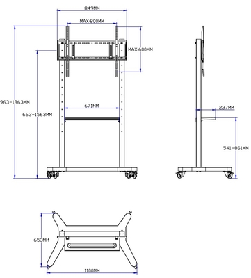 55" - 86" มือถือทีวีที่ปรับได้พร้อมล้อ ความเหมาะสมสําหรับ 43" - 100" หน้าจอเรียบ/โค้ง สูงถึง 220 ปอนด์ กรอบเหล็ก 5 ตัวเลือกความสูง