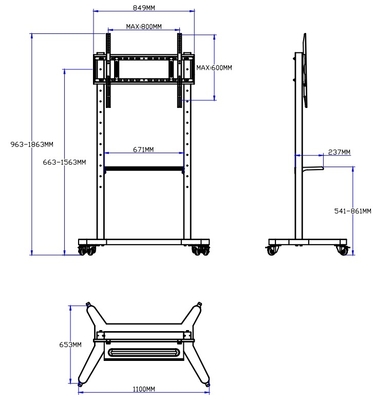 55" - 86" มือถือทีวีที่ปรับได้พร้อมล้อ ความเหมาะสมสําหรับ 43" - 100" หน้าจอเรียบ/โค้ง สูงถึง 220 ปอนด์ กรอบเหล็ก 5 ตัวเลือกความสูง