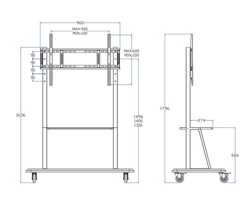 ขาตั้งทีวีเคลื่อนที่ปรับระดับความสูงได้สำหรับจอแสดงผลขนาด 65"-100"