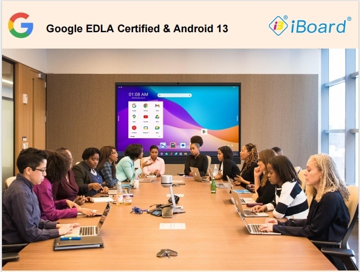 8 Core Google EDLA รับรอง Android 13 มอนิเตอร์จอสัมผัส จอจอแบนอินเตอร์เอ็กเตอร์แอคทีฟ สําหรับการศึกษาและการประชุม