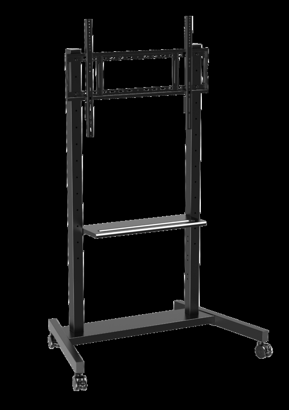 โรงงานขายส่ง ขาตั้งทีวีแบบมีล้อเลื่อน ปรับได้ ขนาด 55"-86" รองรับกระดานไวท์บอร์ดแบบอินเทอร์แอคทีฟ สมาร์ทพาเนล น้ำหนักสูงสุด 220 ปอนด์ โครงสร้างเหล็ก รถเข็นทีวีแบบมีล้อ